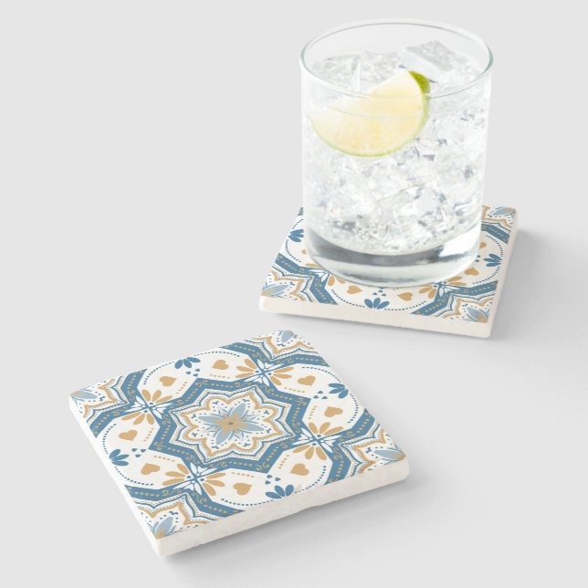 Modern Azulejo Blue Yellow Portugiesische Muster Steinuntersetzer (Seitenansicht)