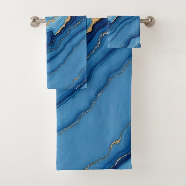 Modern Azure Blue Gold Marble Collection Badhandtuch Set (Insitu)