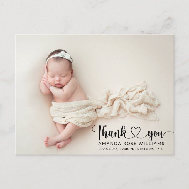 Modern Baby Birth Announcement Foto Vielen Dank Postkarte (Vorderseite)