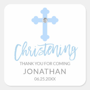 Modern Baby Blue Cross Christening Boy Vielen Dank Quadratischer Aufkleber