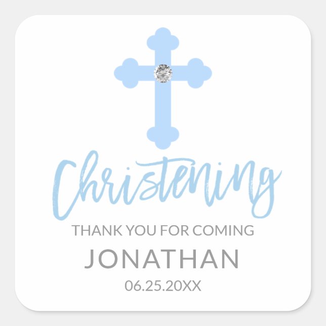 Modern Baby Blue Cross Christening Boy Vielen Dank Quadratischer Aufkleber (Vorderseite)