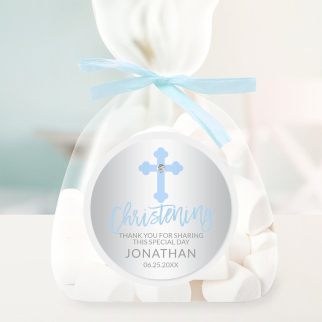 Modern Baby Blue Cross Christening Boy Vielen Dank Runder Aufkleber (Modern Baby Blue Cross Christening Boy Thank You Classic Round Sticker)