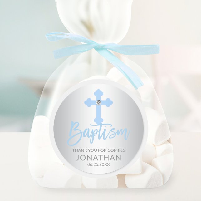 Modern Baby Blue Cross Taufe Junge Vielen Dank Runder Aufkleber (Modern Baby Blue Cross Baptism Boy Thank You Classic Round Sticker)