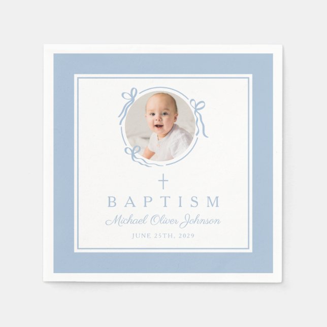Modern Baby Blue Religius Cross Boy Baptism Serviette (Vorderseite)