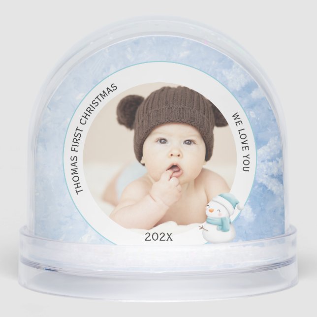 Modern Baby Boy First Christmas Foto Icy Blue Schneekugeln (Vorderseite)