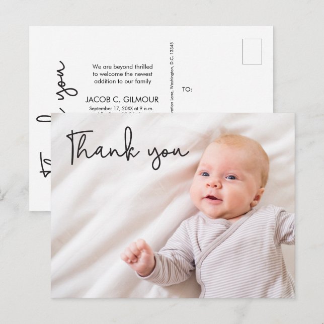 Modern Baby Boy Foto Birth Danke Custom Ankündigungspostkarte (Vorne/Hinten)