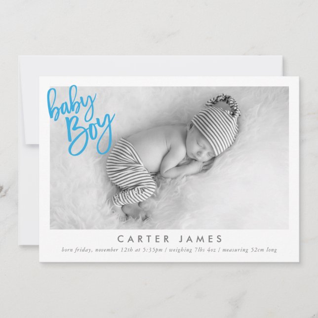 MODERN BABY BOY FOTO Kalligraphie-Overlay blau Ankündigung (Vorderseite)