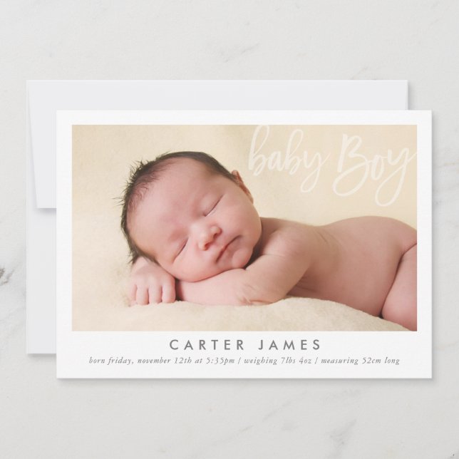 MODERN BABY BOY FOTO Kalligraphie Typ Overlay Ankündigung (Vorderseite)