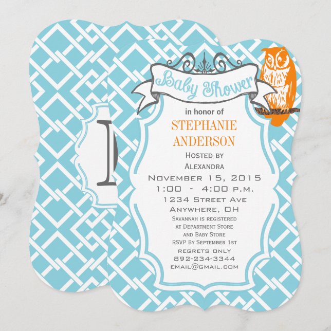 Modern Baby Boy Geometric Muster Owl Dusche Einladung (Vorne/Hinten)