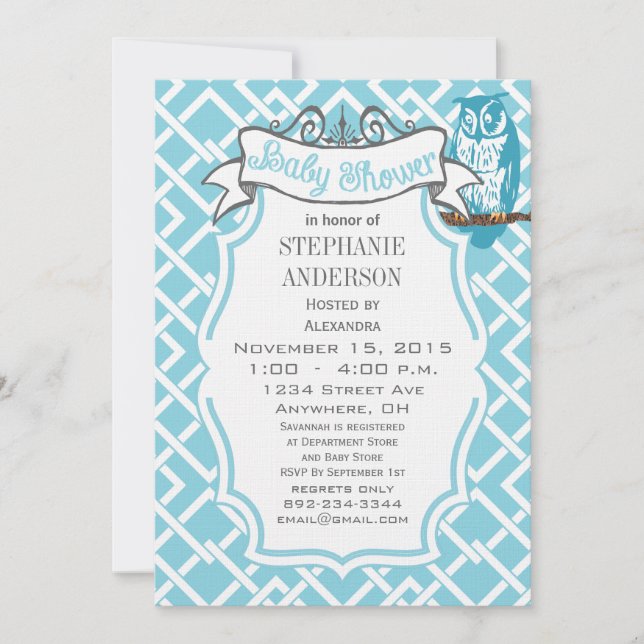 Modern Baby Boy Geometric Muster Owl Dusche Einladung (Vorderseite)
