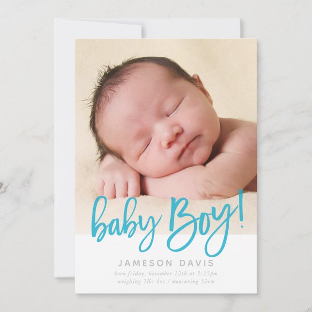 MODERN BABY FOTO, einfaches Junge-Blau-Skript schr Ankündigung (Vorderseite)