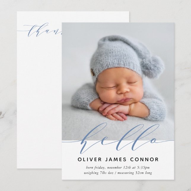 MODERN BABY FOTO elegant hallo Kalligraphie groß Ankündigung (Vorne/Hinten)