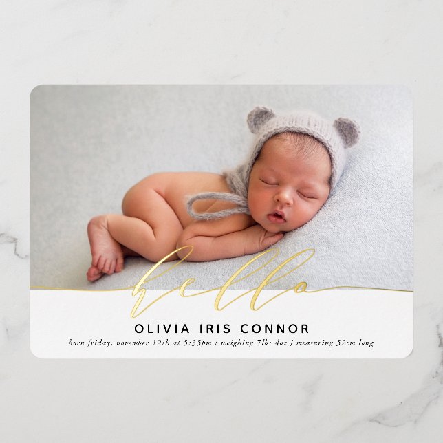 MODERN BABY FOTO elegant minimalistisch hello Dreh Folieneinladung (Vorderseite)