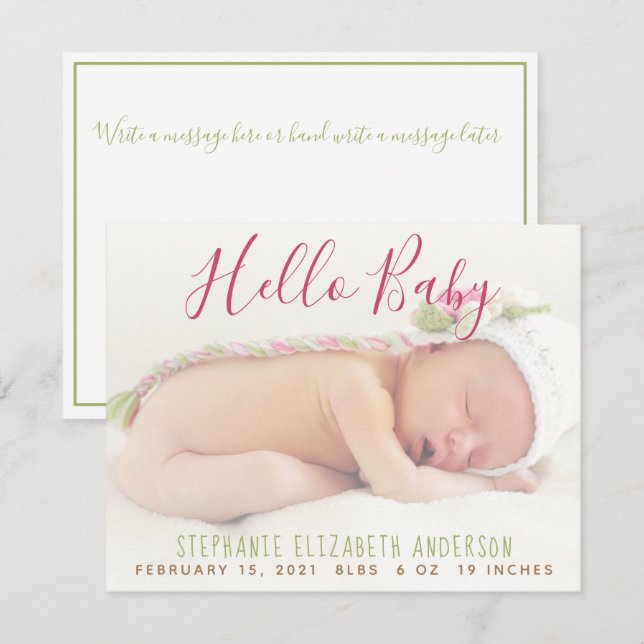 Modern Baby Foto Pink Birth Announccard Ankündigung (Vorne/Hinten)