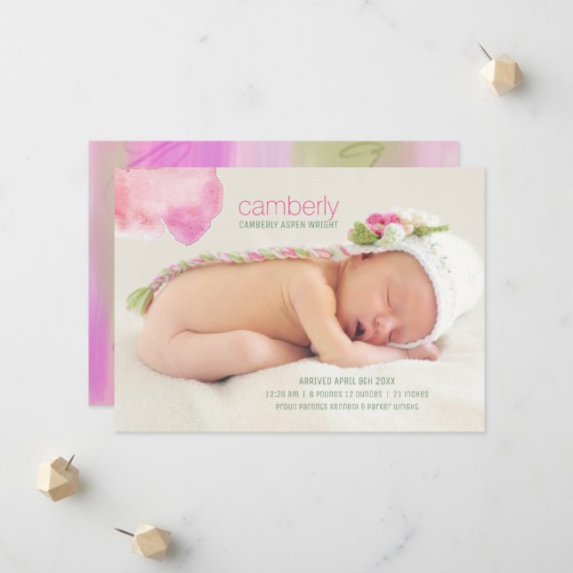 Modern Baby Girl Foto Birth Ankündigung (Vorderseite/Rückseite Beispiel)