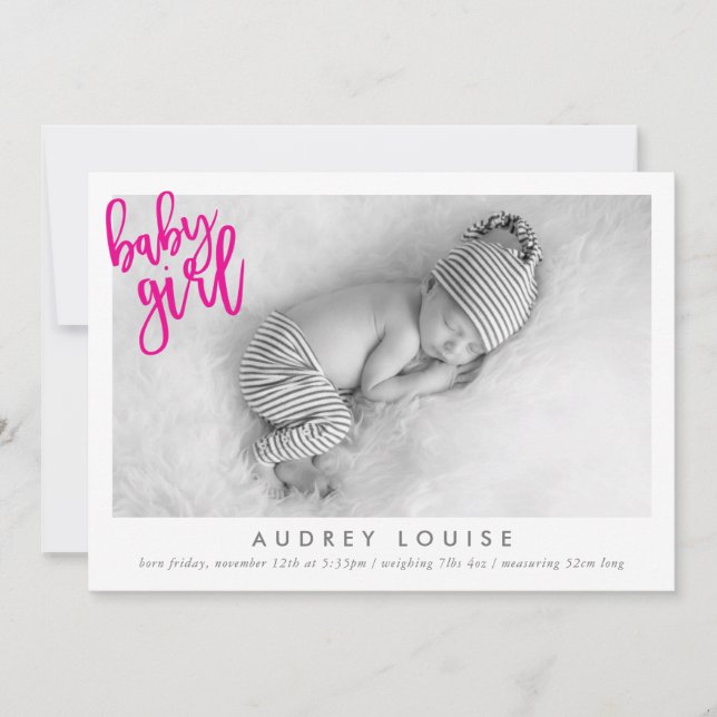 MODERN BABY GIRL FOTO Kalligraphie Overlay PINK Ankündigung (Vorderseite)