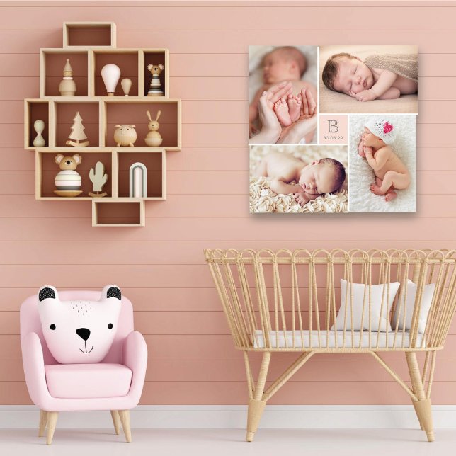 Modern Baby Girl Monogram Foto Collage Leinwand (Modern Baby Girl Monogram Pink Center Square 4 Photo Collage Canvas Print @ fatfatin_box)