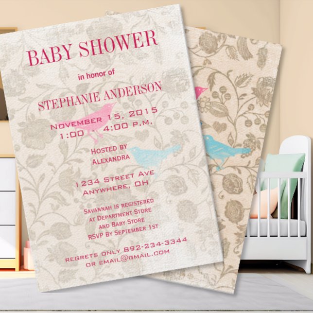 Modern Baby Vintage Birds Shower Aqua Pink Einladung (Von Creator hochgeladen)