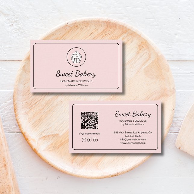 Modern Bakery Logo QR Code Pink Visitenkarte (Modern Bakery Logo QR Code Pink Business Card)