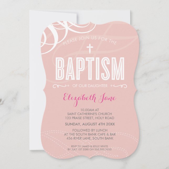 MODERN BAPTISM elegantes Design weiß, wirbelrosa Einladung (Vorderseite)