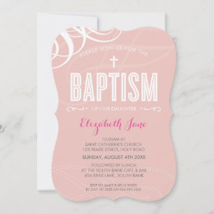 MODERN BAPTISM elegantes Design weiß, wirbelrosa Einladung