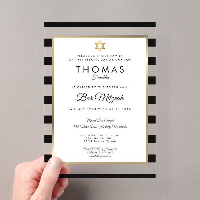 Modern Bar Bat Mitzvah Classic Black Stripe Gold  Acryleinladungen (Insitu (Handheld))