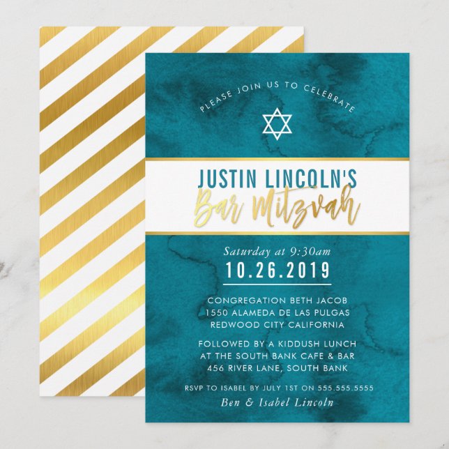 MODERN BAR MITZVAH aquamarin-blaues Aquarellgold Einladung (Vorne/Hinten)