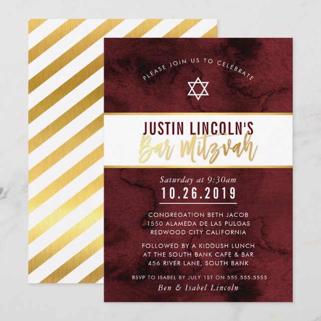 MODERN BAR MITZVAH-Maroon Rotes Aquarellgold Einladung (Vorne/Hinten)