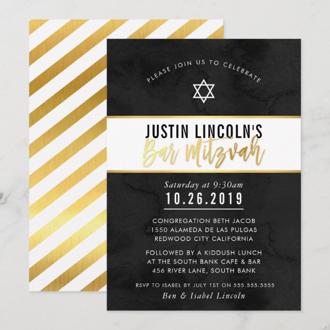 MODERN BAR MITZVAH Schwarzes Aquarellgoldskript Einladung (Vorne/Hinten)