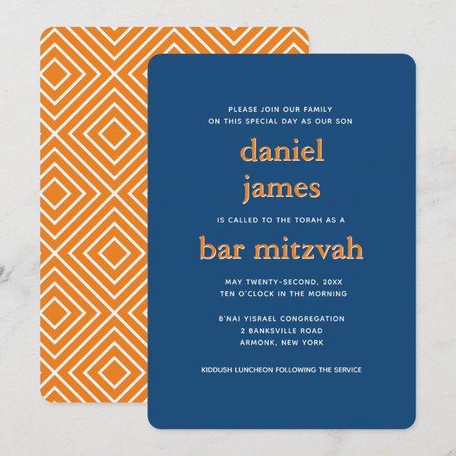 Modern Bar Mitzvah Typografie Blue Orange Einladung (Vorne/Hinten)