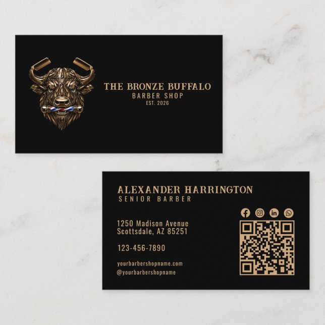 Modern Barber Bronze Büffel Barber Shop Qr Code Visitenkarte (Vorne/Hinten)