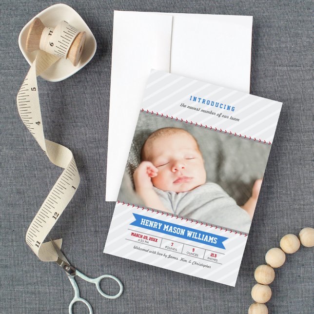 Modern Baseball Baby Boy Foto Grau und Blau Birth Ankündigung (Von Creator hochgeladen)