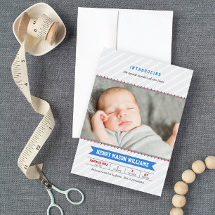 Modern Baseball Baby Boy Foto grau und blau Geburt Ankündigung