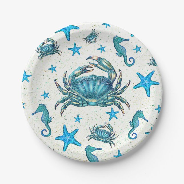 Modern Beach Blue Crab Starfish Seahorty Pappteller (Vorderseite)