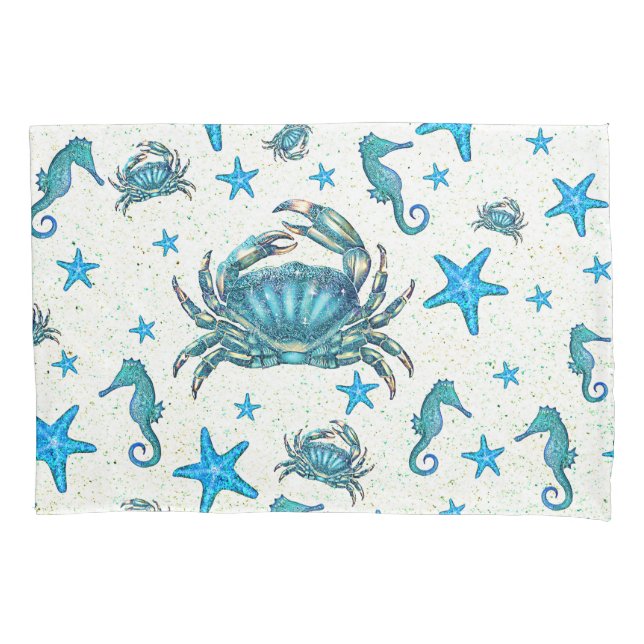 Modern Beach Blue Crab Starfish Seepferd Sparkle Kissenbezug (Vorderseite)