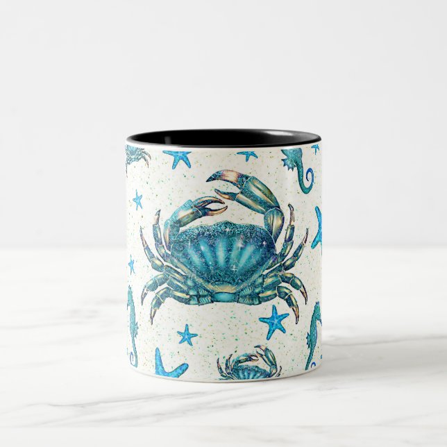 Modern Beach Blue Crab Starfish Seepferd Sparkle Zweifarbige Tasse (Mittel)