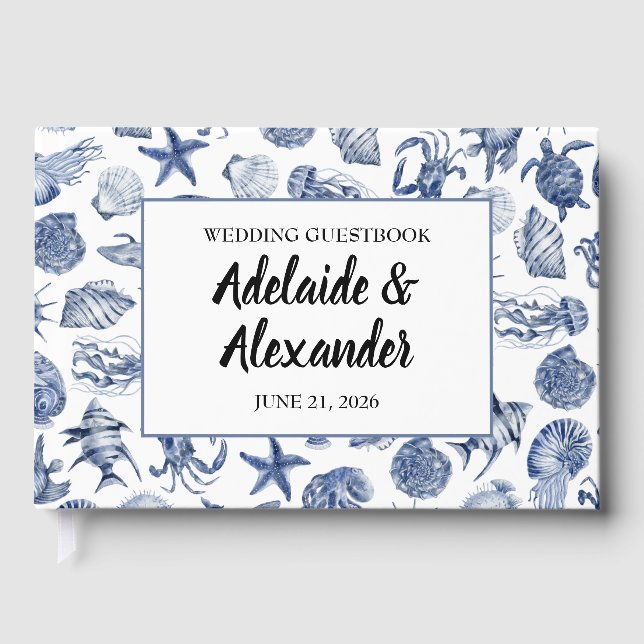 Modern Beach Coastal Watercolor Wedding Blue Gästebuch (Vorderseite)