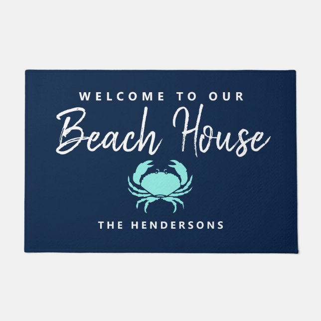 Modern Beach House Nautical Blue Aquamarin Crab Na Fußmatte (Vorderseite)