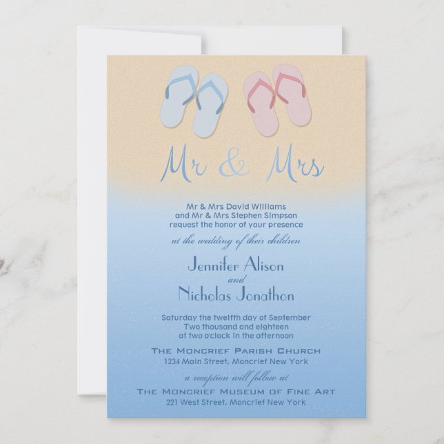 Modern Beach oder Hochzeit in Urlaubsort Flip Flop Einladung (Vorderseite)