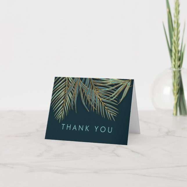 Modern Beach Palm Gold Blue Aquamarin Tropical Dankeskarte (Vorderseite)