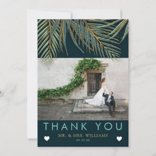Modern Beach Palm Gold Blue Aquamarin Tropical Wed Dankeskarte