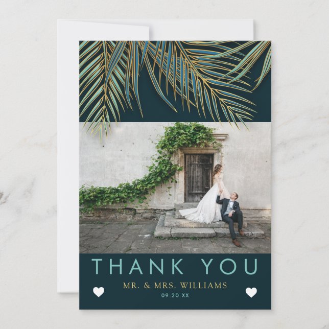 Modern Beach Palm Gold Blue Aquamarin Tropical Wed Dankeskarte (Vorderseite)