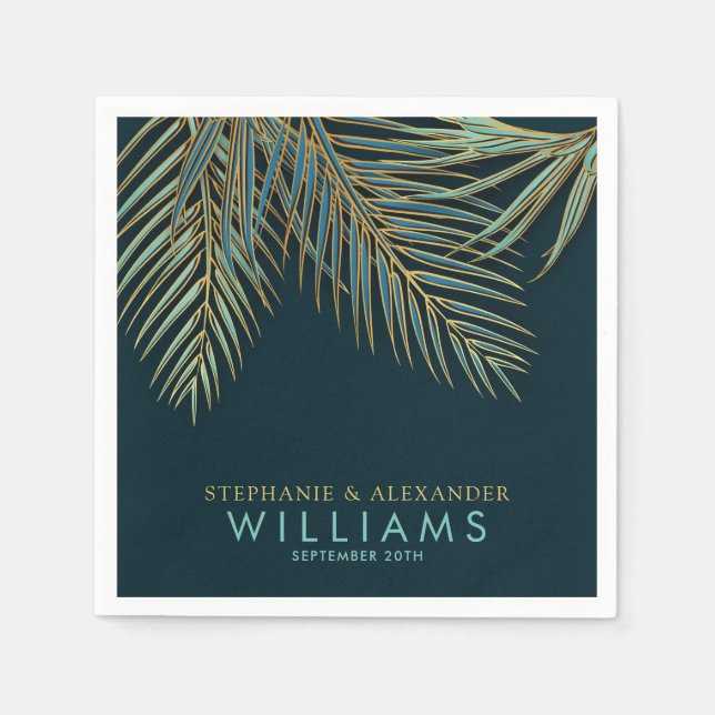 Modern Beach Palm Gold Blue Green Tropical Wedding Serviette (Vorderseite)