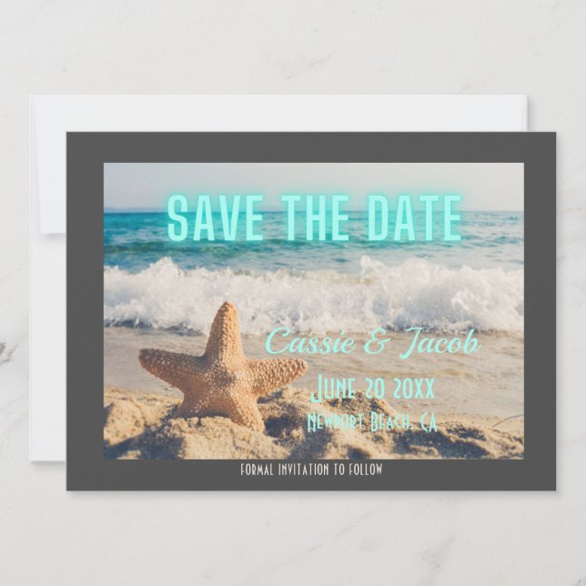 Modern Beach Scene & Neon Save the Date (Vorderseite)