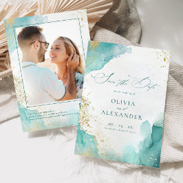 Modern Beach Wedding Teal Gold Abstract Photo Save The Date