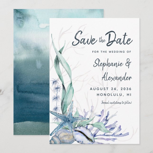 Modern Beach Wedding Watercolor Blue Save The Date (Vorne/Hinten)