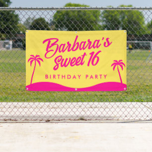 Modern Beach Yellow Pink Script Sweet 16 Banner