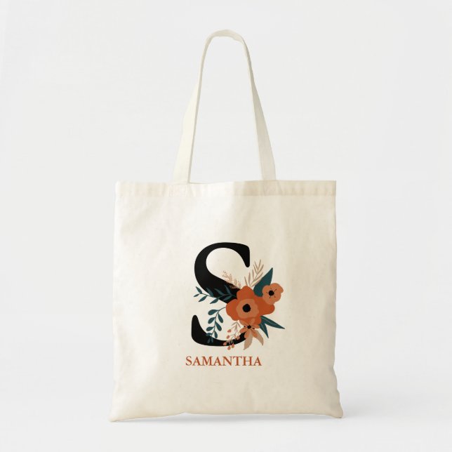 modern bearbeitbare Terracotta floral mit Monogram Tragetasche (Vorne)