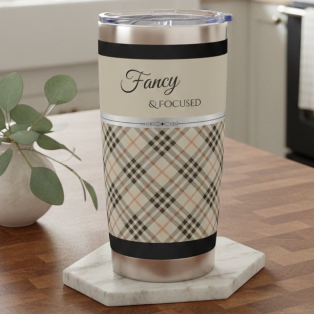 Modern Beige Fancy and Focused Boutique Plaid Thermobecher (Sip in style with a designer-boutique modern farmhouse tumbler)