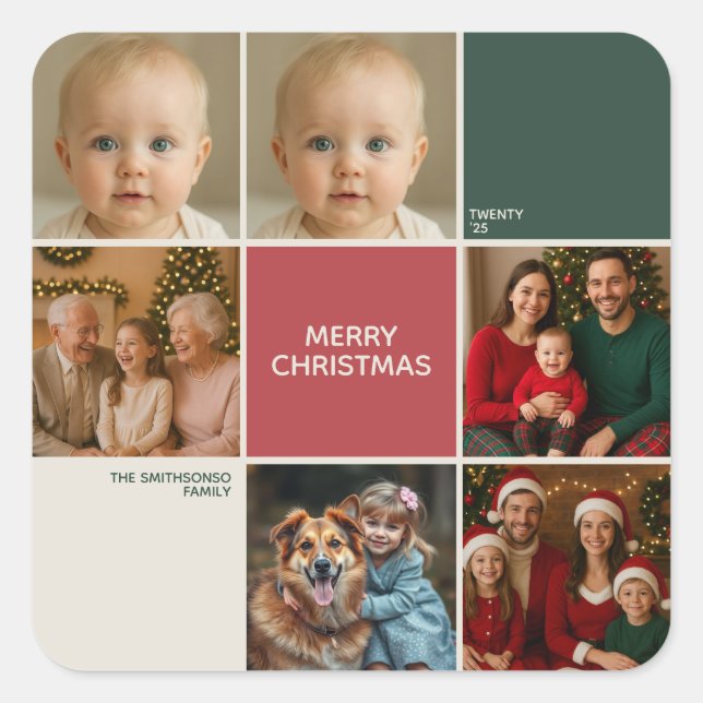 Modern beige Sage RED collage merry Christmas Quadratischer Aufkleber (Vorderseite)